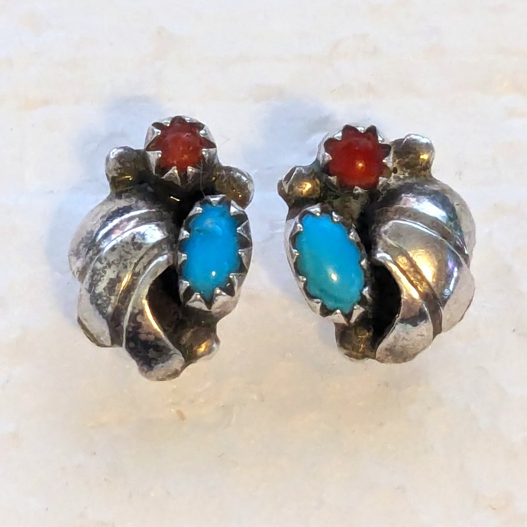 Vintage Native Tribal Sterling Silver Turquoise Coral Stud Pierced Earrings